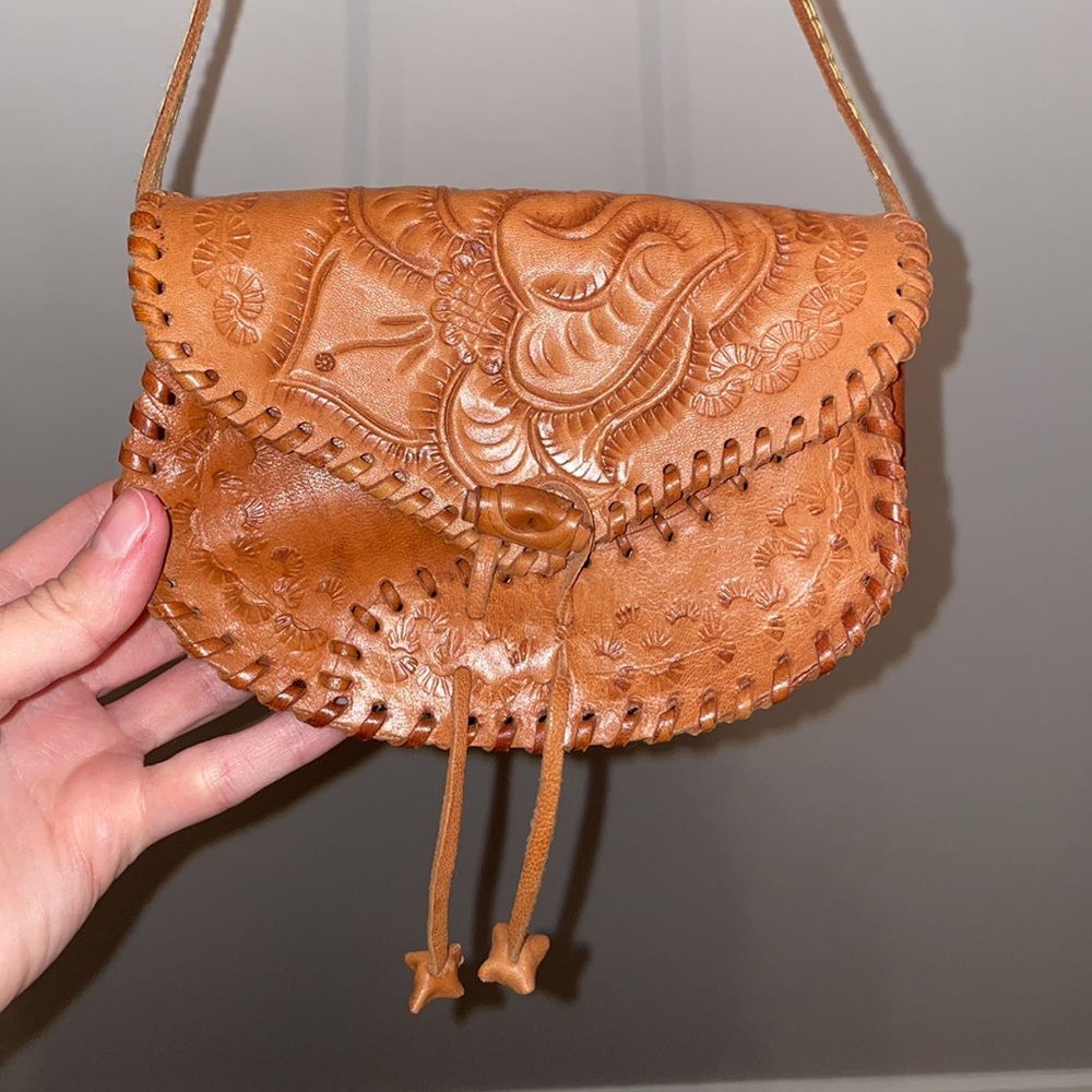 Real Leather Little Brown Floral Crossbody Bag